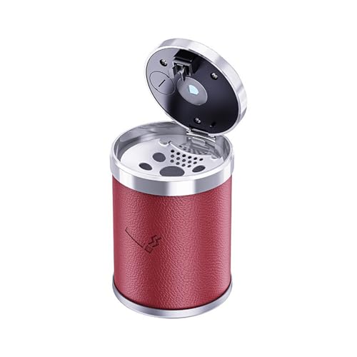 GeoYien Car Ashtray, Automatic LED Light, Leather Windproof Ashtray with Lid, Large Capacity Flame Retardant for Car or Travel, Home Office, Outdoor Use, Red