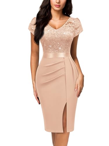 Miusol Women's Classy V-Neck Glitter Sequin Lace Cap Sleeve Cocktail Party Dress