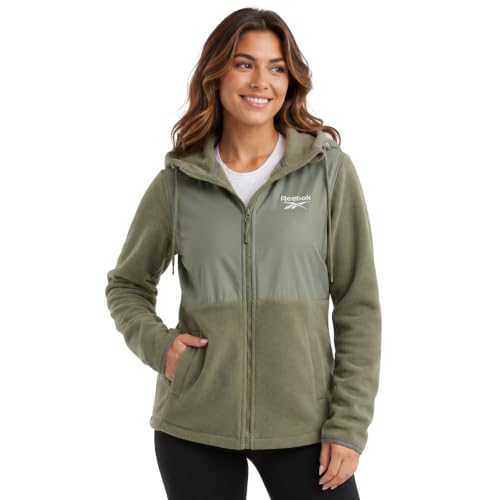 Reebok Casaco feminino de fleece - Agasalho leve e super macio com forro de lĂŁ polar - Casacos de inverno com capuz e zĂper para mulheres, Sálvia, M