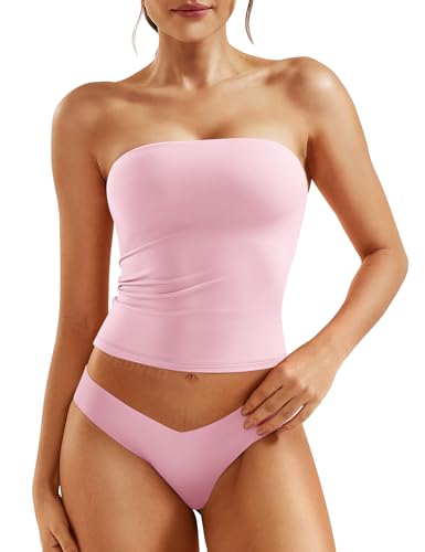 YEOREO Ease Women Sexy Long Tube Tops Double Lined Basic Y2K Summer Cute Strapless Fitted Bandeau Going Out Crop Top Cherry Pink-L