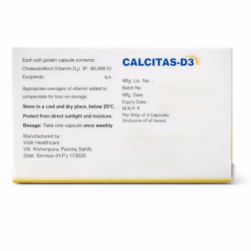 Image of MORIXA Calcitas D3 Capsule | Vitamin D3 60000 IU Cholecalciferol Supplement | Supports Bone, Teeth, Muscle & Immunity Health | 5 Strips x 4 Capsules (20 Capsules) | Supports Bone, Teeth, Muscle & Immunity Health, 20 Capsules, 5 Strips x 4 Capsules