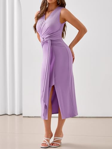 Image of YIOYOLA Womens Sleeveless Ruched V Neck Sheath Casual Party Midi Bodycon Dresses with Slit