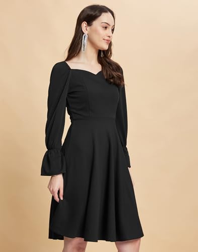 Image of SIRIL Women's Full Sleeve Polyester Solid Fit & Flare Dress, One Piece Dress for Women