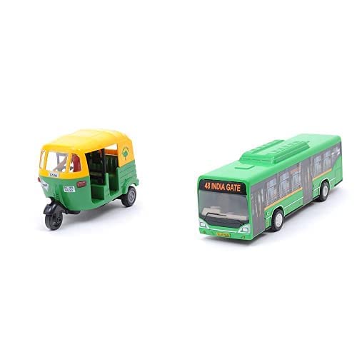 Pull Back Action Floor Bus & CNG Auto Rickshaw Toy for Kids | Miniature Scaled Model Vehicle Toys | Ideal Gift for Kids Age 3+ Years - Multicolor (Pack of 2)
