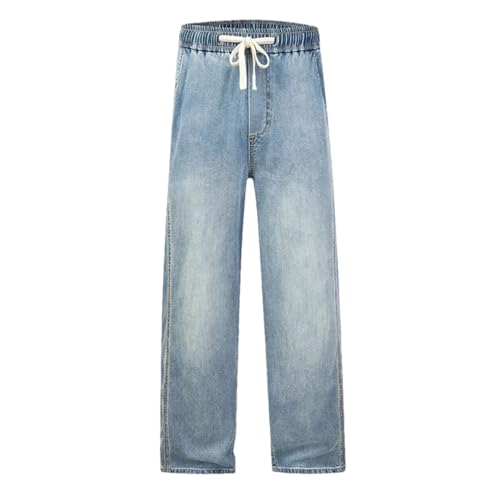 Hndudnff Men Thin Jeans Elastic Waist Straight Trousers Drawstring Casual Denim Pants with Pockets