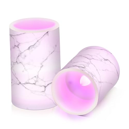 Image of Flickering Flameless Candles, White and Black Marble LED Candles with Remote Timer, Set of 2 Battery Operated Candle for Valentine Wedding Birthday