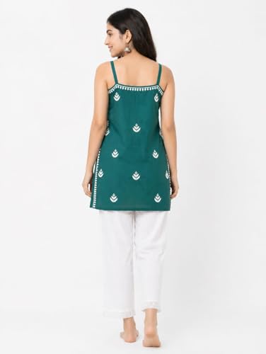 Image of Women's Chikankari Rayon Top Sleeveless Strappy Kurti | Embroidered A-Line Tunic for Women | Summer Ethnic Casual Wear Top with Spaghetti Straps