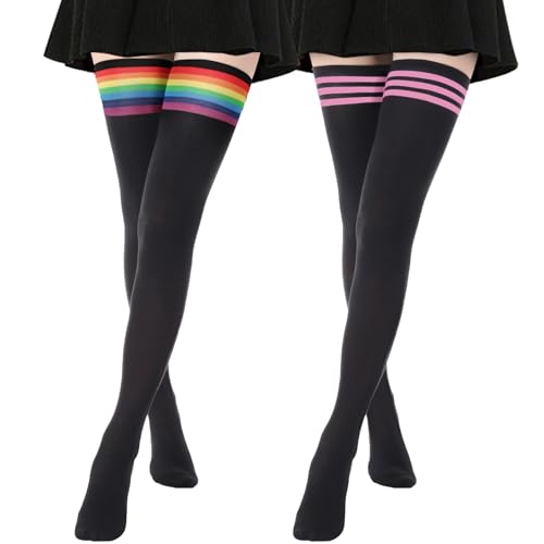 Image of AQOKKA Extra Long Thigh High Socks for Women Striped Over Knee Thigh Socks Long Boot Thigh High Stockings Leg Warmers