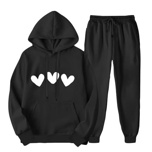 Today Deals Prime Womens 2 Piece Outfits Sweatsuits Heart Print Hoodies Sweatshirt Joggers Lounge Set Fall Winter Tracksuit with Pocket Conjuntos De 2 Piezas