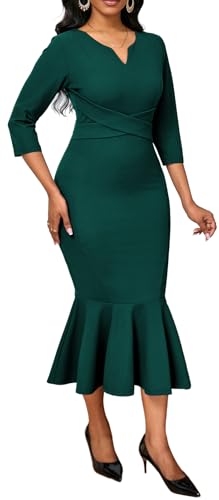Image of VisiChenup Elegant Dress for Women V Neck Long Sleeve Midi Fishtail Dress | Elegant Dress for Women Long Sleeve Wedding Guest Cocktail Bodycon Dresses with Zipper