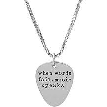 Art Attack When Words Fail Music Speaks Chain Necklace, Electric Guitar Pick Rock N Roll Love Metal Pendant Charm Silver