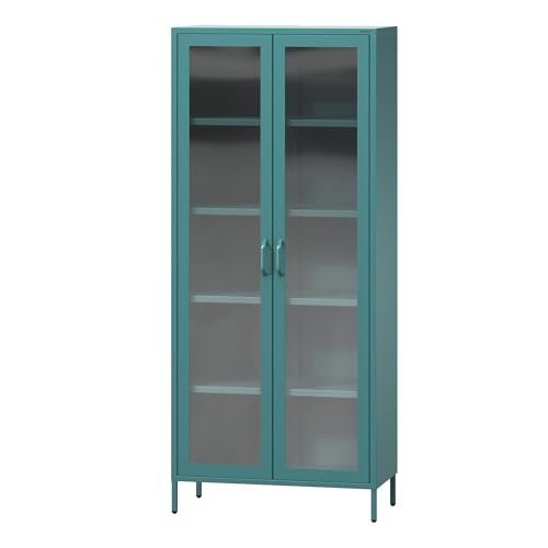 Jan Nowak 2-türiger Vitrinenschrank - Angelo - 80 x 185 x 45 cm - 4 Verstellbare Ablagen, Gehärtetes Glas, Wandmontage - Glasvitrine Stehend, Vitrine Glas, Wohmzimmerschrank Glitzernd - Marine