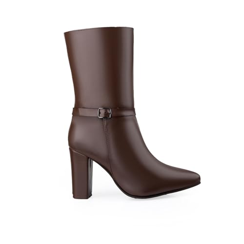 Image of Women's 3.5 Inch Block Heel Height, Classic Leather-Stylish Mid Calf (Half Boot) Buckle Boots