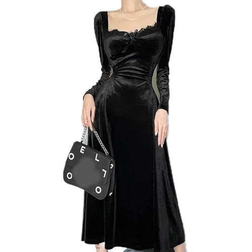 Langärmliges schwarzes Spitzenkleid im Denim-Stil für Damen – Schwarz...