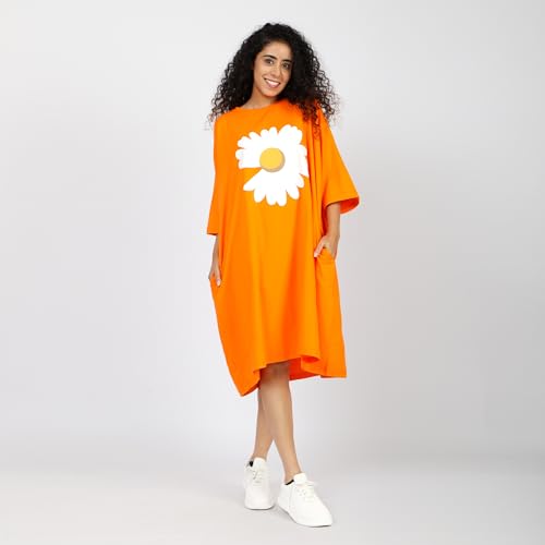 Image of LAMA STORE Women's Printed Oversized T-Shirt Dress, Cotton, 3 /4 Sleeve Length, Casual Loose Fit, Comfort Wear Extra Comfy Oversized Printed Pocket T-Shirt Dress