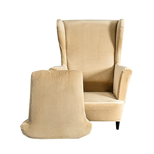 Highdi Funda de Sillón de Orejas Elástica Terciopelo, Funda de Sofá Relax 2 Piezas con Funda de Cojín, Color sólido Fundas Protector de Butaca para Dormitorio,Recepción,Club (Beige) Cover