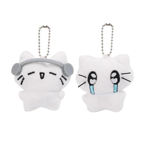 Image of figurine 2Pcs Cat Keychain,Cute Keychain, Plush Keychain, Emotional Cat with Headphones and Crying Face Design Bag Charms for Backpack, Purse, and Keys