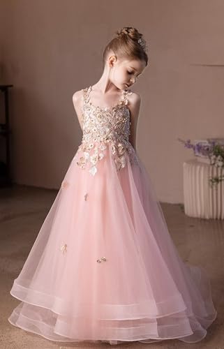 Tulle Flower Girl Dresses for Wedding 3D Floral Appliques Pageant Dress Girls Ball Gown with Beads3