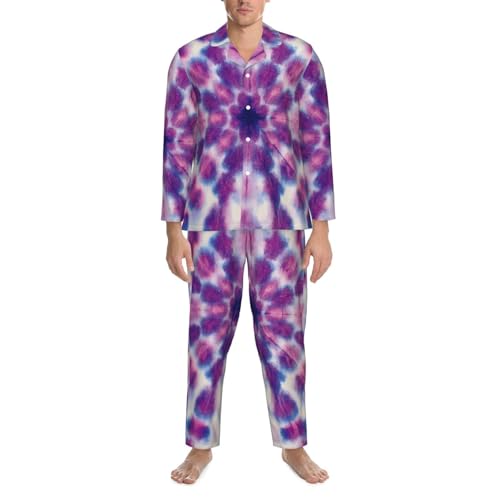 Purple Circle Tie Dye Mens Pajamas Set Button Down Sleepwear Set Long Sleeve Loungewear With Pockets