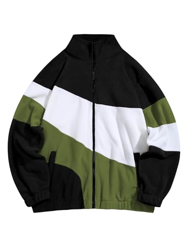 ZAFUL Men's Casual Colorblock Sherpa Jacket Long Sleeve Full-Zip Teddy Coat Retro Style Fleece Shacket with Pockets2