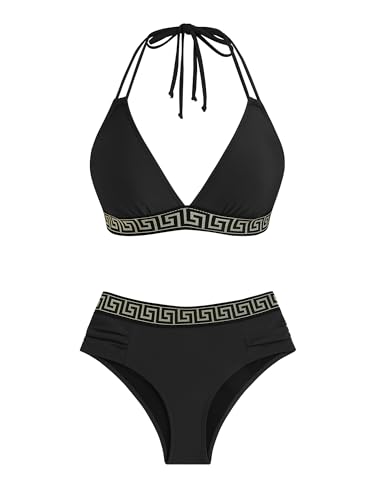 ZAFUL Women Halter V Neck Bikini Sets 2 Piece High Waisted Color Block Bathing Suits Swimsuit