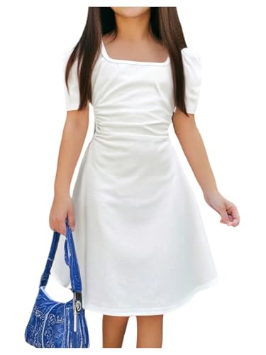 SHENHE Girl's Summer Puff Sleeve Square Neck A Line Flare Short Dress Casual Sundress