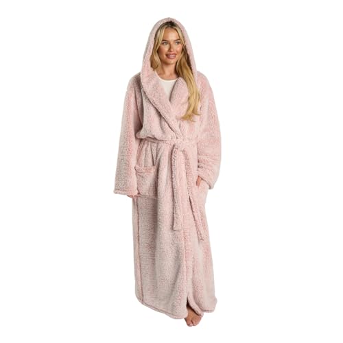 OHS Ladies Dressing Gowns Teddy Marl, Super Soft Warm Hooded Full Length Dressing Gown with Pockets Oversized Bathrobe Women Adult Loungewear & Sleepwear, Blush Pink - One Size