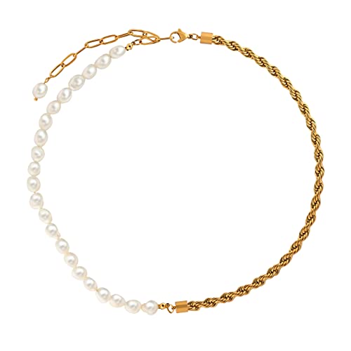 Half Pearl Half Chain Necklace, 18K Gold Plated Stainless Steel Twisted Rope Chain, Freshwater Pearl Stack, Vintage Style Hypoallergenic Necklace for Women2