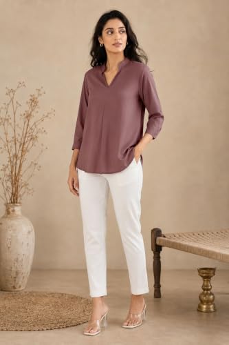 Image of SAADAA Top for Women, Viscose Pleated Tops, V-Neck with a Collar, 3 /4 Sleeve Length, Office & Casual Wear