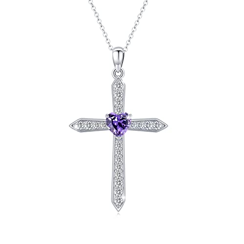 Cross Birthstone Necklace for Women Sterling Silver February Birthstone Necklace Pendant with CZ Purple Heart Necklace Crucifix Jewelry Gift for Mom Girls Halloween Christmas
