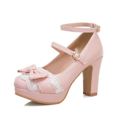 Agodor Women's Peep Toe Platform Pumps Block High Heels Mary Jane Lolita Shoes Bow Ankle Strap Sandals
