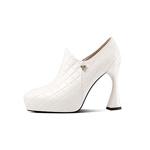 TinaCus Women's Genuine Leather Handmade Plaid Side Zip Up Pointed Toe High Stiletto Heel Platform Pumps Shoes2