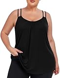 FOREYOND Plus Size Tank Tops for Women with Built-in Shelf Bra Loose Fit Sleeveless Yoga Shirts Flowy Swing Tanks Clothing, Black, 3XL