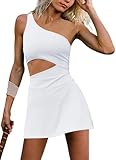 LAMISSCHE Womens Tennis Dress Built with Bra and Shorts Workout One Shoulder Mini Dress Athletic Cut Out Golf Dresses(White,M)