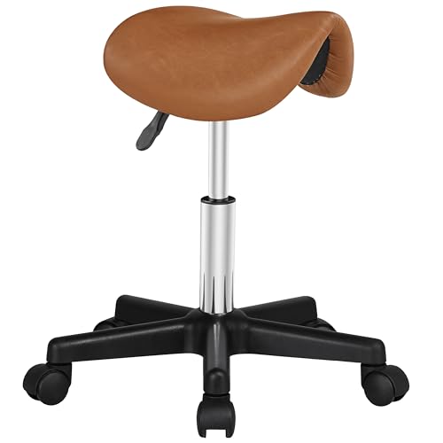 Yaheetech Saddle Stool Adjustable Rolling Chair, Saddle Brown