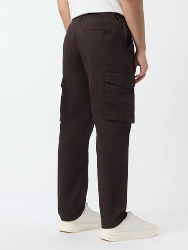 Image of The Souled Store Cargo Pants: Espresso Men and Boys Elastic Waistband Brown Solid Twill Stretchable Lightweight Everyday Wear Casual Cotton Straight Fit Cargo Pants