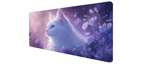 Tapis de souris XXL gaming 900x400mm motif chat imprimé fleur avec bords cousus