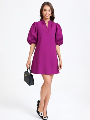Image of EZAPINE Women Babydoll Mini Dress Summer Casual Cotton V Neck Puff Lantern Sleeve Loose A Line Cute Dress
