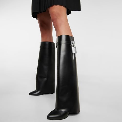 Arqa Fold Over Knee High Boots for Women Covered Wedge Heel Shark Boots Pull-on Wide Calf Boots Fashion Party Almond Toe Booties3