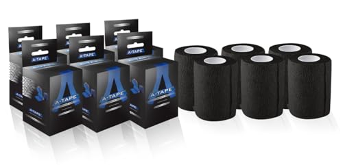 Image of A-Tape Breathable Self Adhesive Cohesive Bandage Wrap - Athletic Non-Woven for Sports, Medical Use, Injuries, Knee & Wrist Support - Suitable for Humans & Pets (Black, 7.5 cm Pack Of 6) | Cohesive Bandage
