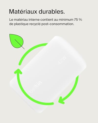 Belkin BoostCharge Chargeur USB Double Port (42 W, USB-C, USB-A, Chargeur Rapide iPhone 16, 16 Plus, 16 Pro, 16 Pro Max, 15, 14, 13, Samsung Galaxy S24, S23, Plus, Ultra, iPad, AirPods, etc., Blanc)