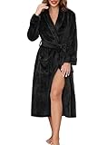 Lovasy Bata Mujer Invierno Felpa Bata de Casa Mujer Forro Polar Batas con Bolsillos y Cinturón,Negro,XL