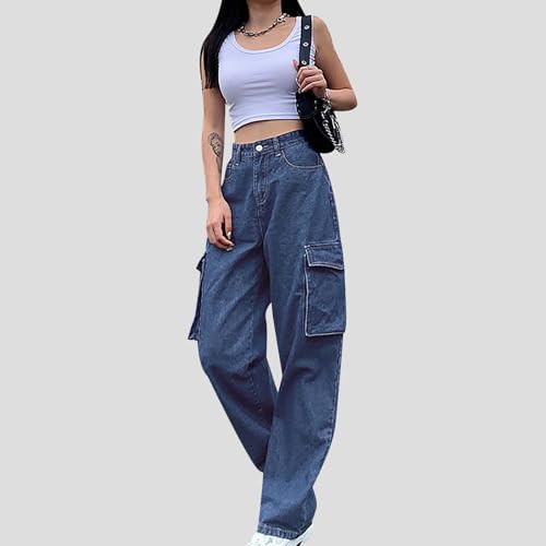 Women's Cargo Jeans Straight Leg Baggy Denim Pants High Waisted Boyfriend Jeans with Multi Pockets for Teen Girls3