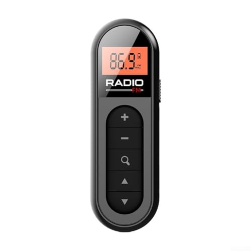 HomeVortex Radio FM compacta, con pantalla LCD retroiluminada, portátil para mini bolsillo tamaño 12,5 x 9 x 3,5 cm, reproductor ABS, para camping, trotar, caminar, incluye cabezales de 3,5 mm (negro)