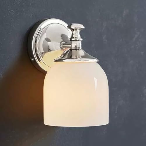 Lampada da bagno cromata, confezione da 1, applique da parete industriale vintage con paralume in vetro bianco, lampada da parete in metallo cablato E27, camera da letto, corridoio, decorazioni