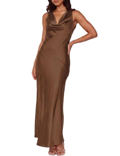 Image of KOUNAI Satin Backless Formal Maxi Dresses for Women Wedding Guest | Silk,Cowl Neck,Drape Neck,Open Back,Sleeveless,Tie Back,Elegant,Cocktail,Bridesmaid,Beach,Vacation,Party,Graduation,Midi