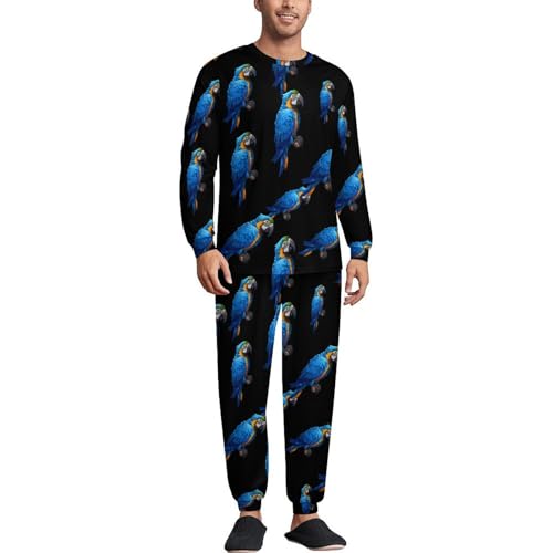 Blue Macaw Tropical Parrots Men's Crew Neck Pajama 2 Piece Set Long Sleeve Loungewear Top and Bottom