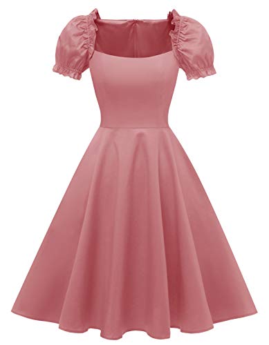 Hanpceirs Women's Puff Short Sleeve 1950s Party Dresses Square Neck Aline Dress with Pockets Blush Pink L