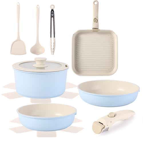 12pcs Pots and Pans Sets Non Stick, Cookware Set with Detachable Handle, Induction Pan Set for RV Cookware,Oven Safe, PFOA Free（Blue