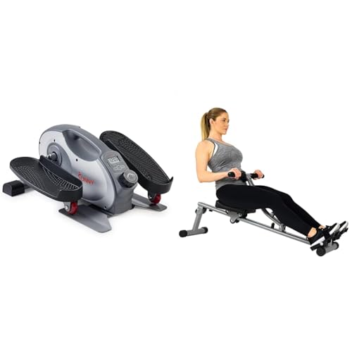 Sunny Health & Fitness Smart Portable Fully Assembled Magnetic Under Desk Elliptical Peddler + SF-RW1205 12 Adjustable Resistance Rowing Machine Rower w/Digital Monitor